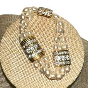Swarovski Faux Pearl Bracelet Gold Tone Rhinestone Multi Strand Statement VTG